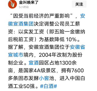 东方汇赢 白酒真的不行了？注资4个多亿的安徽宣酒集团宣布降薪10%